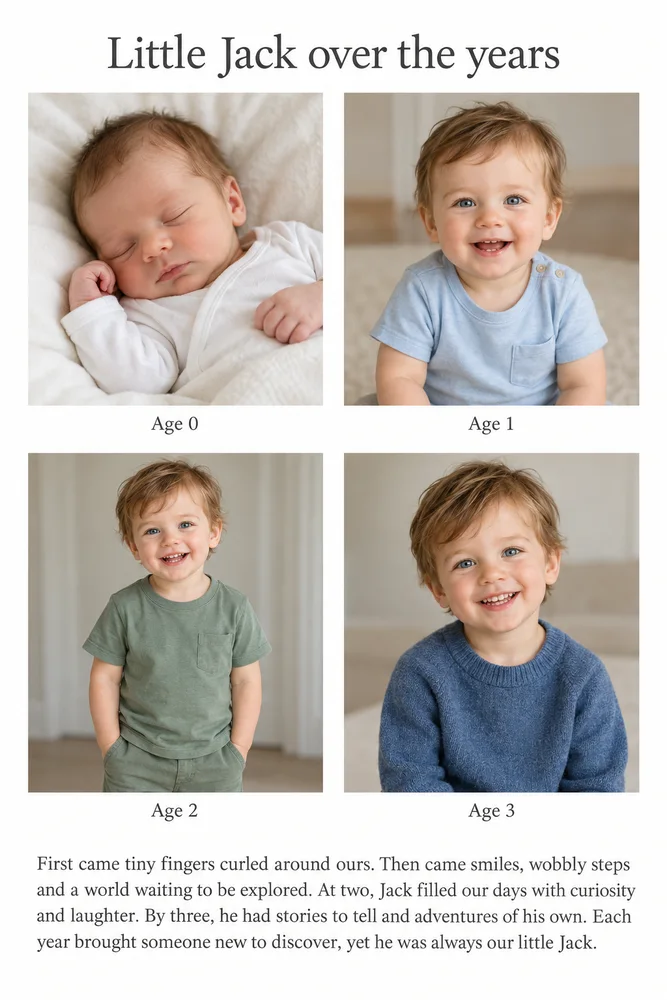 Simplified photo book template: Little Jack over the years, a four-photo milestone page with captions and a short story
